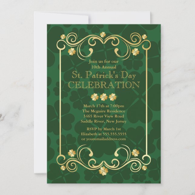 Invitación Fancy Gold Shamrock St. Patrick's Party Invitation (Anverso)