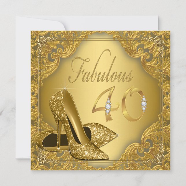 Invitación Fancy Gold Tacón Alto Fabuloso 40 Cumpleaños (Anverso)