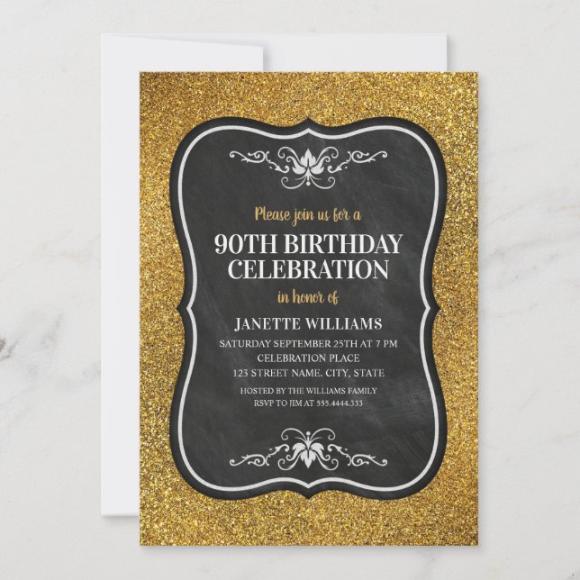 Invitación Fancy Golden Purpurina Adulto 90th Birthday Party (Anverso)