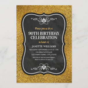 Invitación Fancy Golden Purpurina Adulto 90th Birthday Party