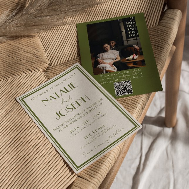 Invitación Fancy Old Money Olive Green QR Code Photo Wedding (Subido por el creador)