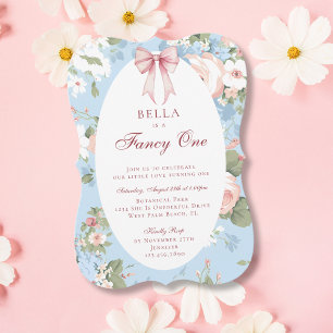 Invitación Fancy One Pink Blue Bow Floral 1º cumpleaños