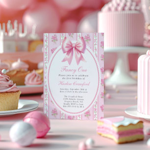 Invitación Fancy One Pink Coquette Bow Birday Party