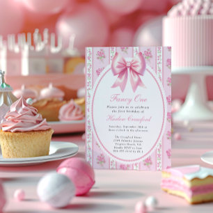 Invitación Fancy One Pink Coquette Bow Birday Party