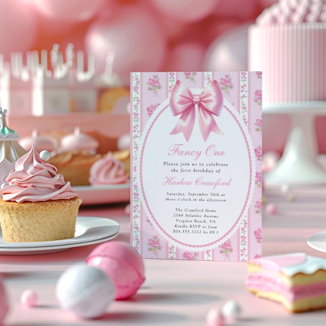 Invitación Fancy One Pink Coquette Bow Birday Party (Fancy One Girls First Birthday Invitation )