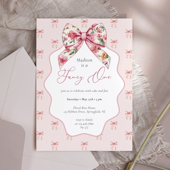 Invitación Fancy One Pink Floral Bow First Birthday (Subido por el creador)