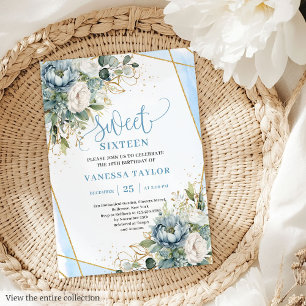 Invitación Fancy Pastel Blue White Gold Floral Sweet 16