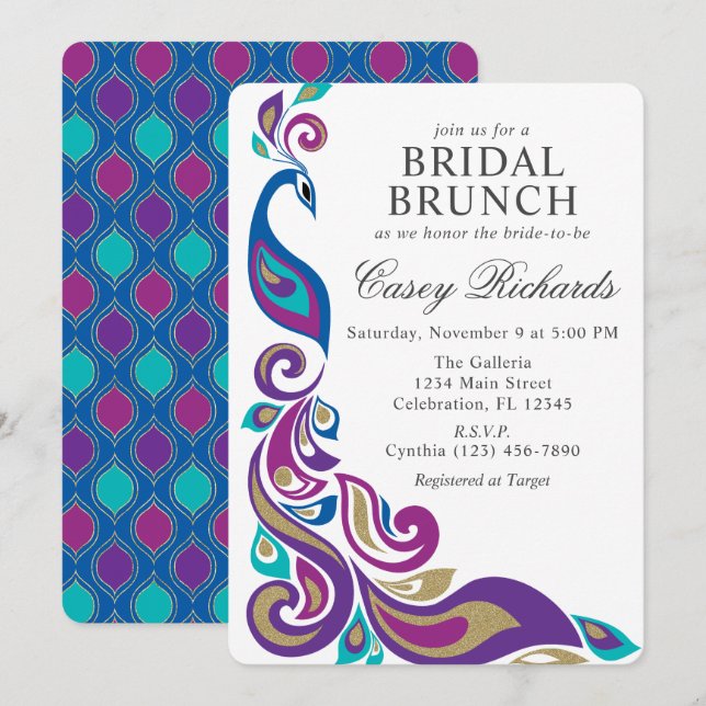 Invitación Fancy Peacock Púrpura y ducha de novias Verde azul (Anverso / Reverso)