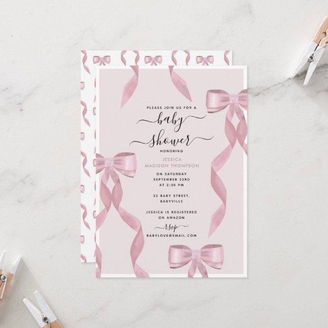 Invitación Fancy Pink Bow Theme Girly Baby Shower (Anverso/Reverso In Situ)