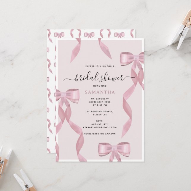 Invitación Fancy Pink Bow Theme Girly Bridal Shower (Anverso/Reverso In Situ)