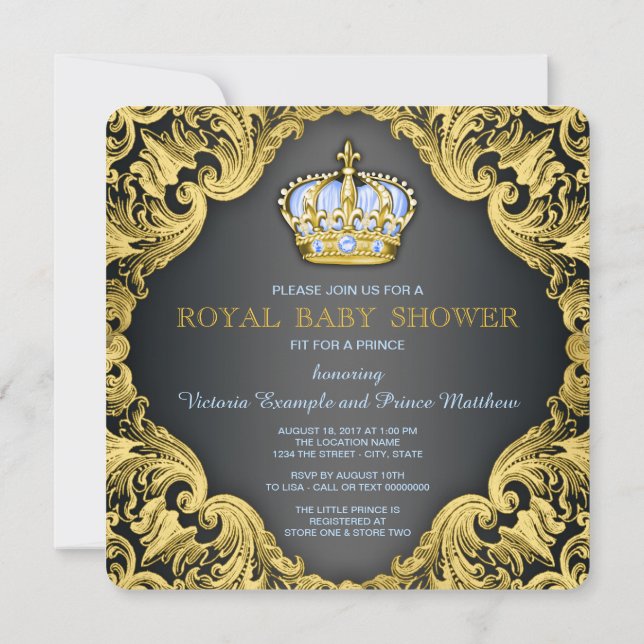 Invitación Fancy Prince Baby Shower Baby Blue (Reverso)