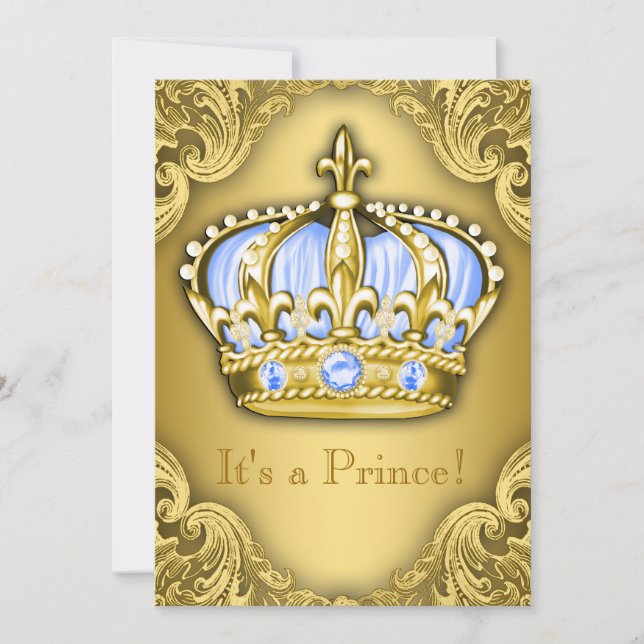 Invitación Fancy Prince Baby Shower Baby Blue Gold (Anverso)