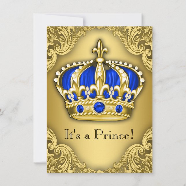 Invitación Fancy Prince Baby Shower Blue and Gold (Anverso)