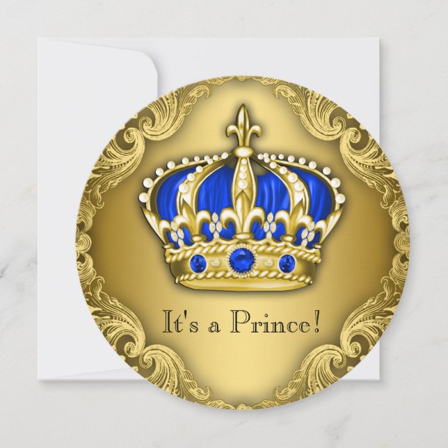 Invitación Fancy Prince Baby Shower Blue and Gold (Anverso)
