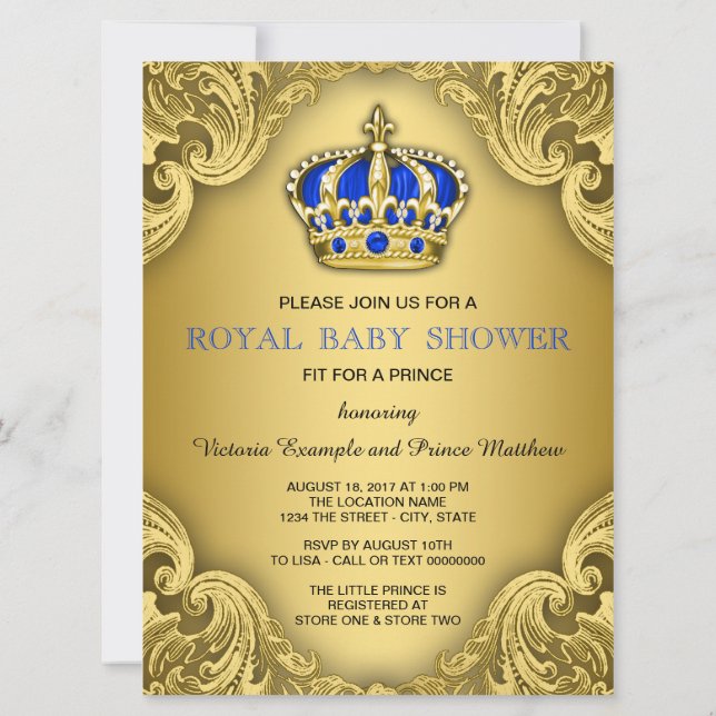 Invitación Fancy Prince Baby Shower Blue and Gold (Reverso)