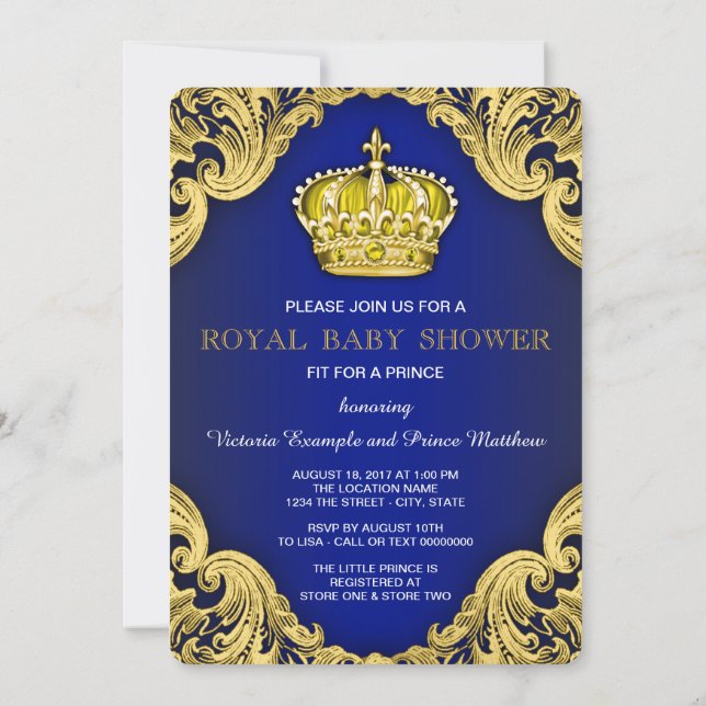 Invitación Fancy Prince Baby Shower Blue and Gold (Reverso)