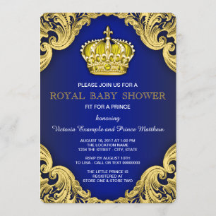 Invitación Fancy Prince Baby Shower Blue and Gold