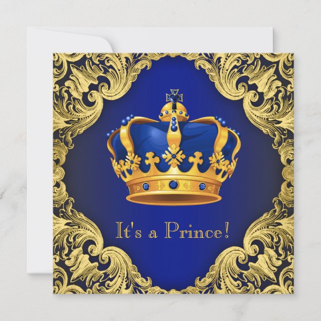 Invitación Fancy Prince Baby Shower Blue Gold (Anverso)