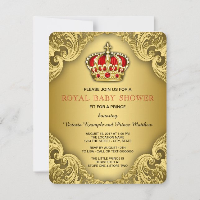 Invitación Fancy Prince Baby Shower Red and Gold (Reverso)