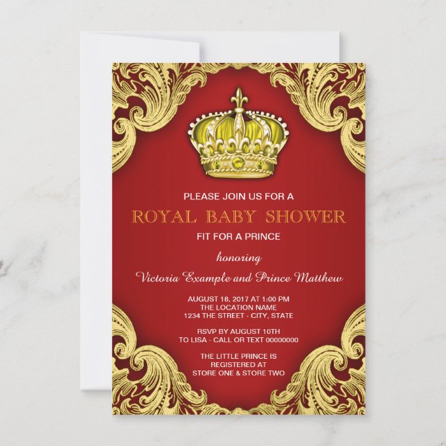 Invitación Fancy Prince Baby Shower Red and Gold (Reverso)