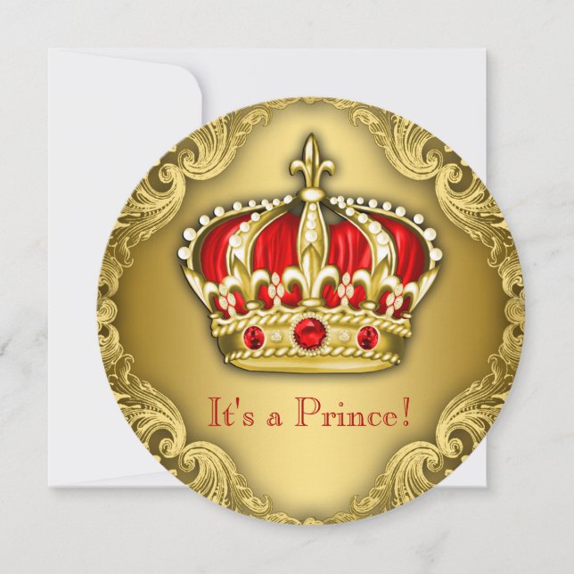 Invitación Fancy Prince Baby Shower Red and Gold (Anverso)