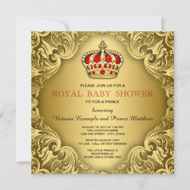 Invitación Fancy Prince Baby Shower Red and Gold (Reverso)