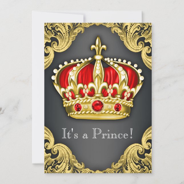 Invitación Fancy Prince Baby Shower Regal Red (Anverso)