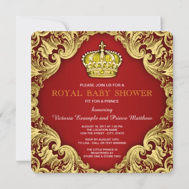 Invitación Fancy Prince Baby Shower Rojo (Reverso)