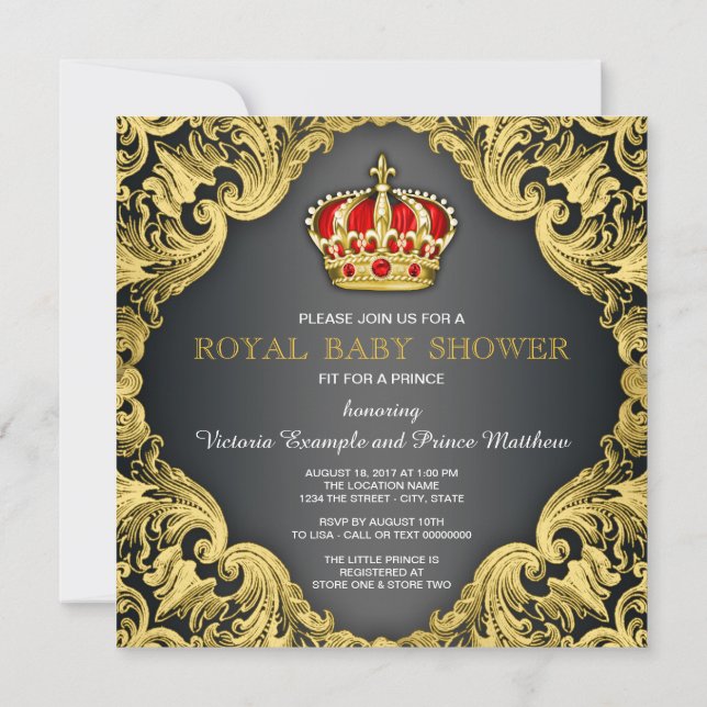 Invitación Fancy Prince Baby Shower Rojo Regal (Reverso)