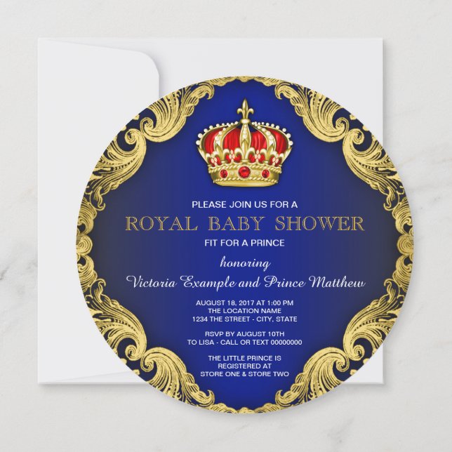 Invitación Fancy Prince Baby Shower Royal Blue (Reverso)