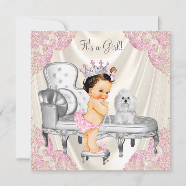 Invitación Fancy Princess Baby Shower Ivory Pink Chair (Anverso)