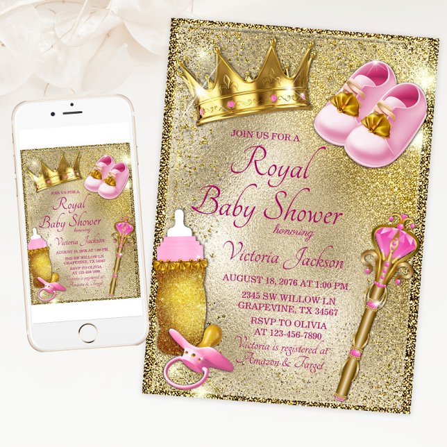 Invitación Fancy Princess Pink Gold Baby Shower (Pink gold royal baby shower invitation with cute princess things on a beautiful gold background.)