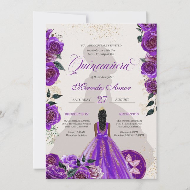 Invitación Fancy Purple Rosas Western Charro Quinceanera (Anverso)