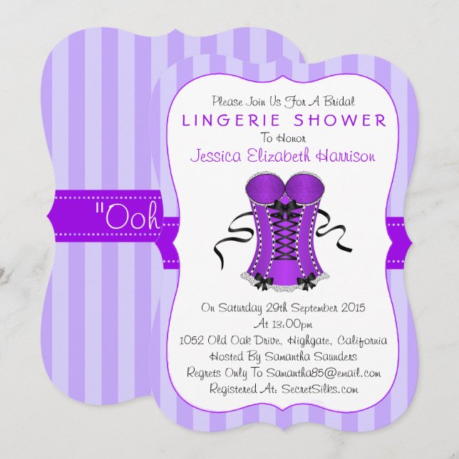 Invitación Fancy Purple & White Corset Lingerie Shower (Anverso / Reverso)