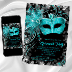 Invitación Fancy Purpurina azul Verde azulado Fiesta de masca