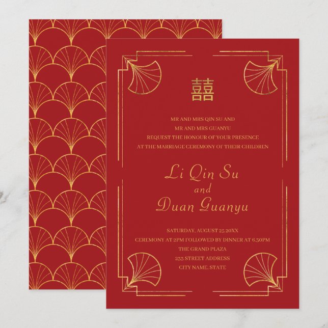 Invitación Fancy Red & Gold Doble felicidad Boda chino (Anverso / Reverso)