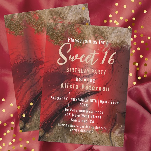 Invitación Fancy Red Gold Glam Luxury Marble Paint Sweet 16 (Subido por el creador)