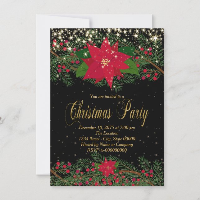 Invitación Fancy Red Poinsettia Navidad Fiesta (Anverso)