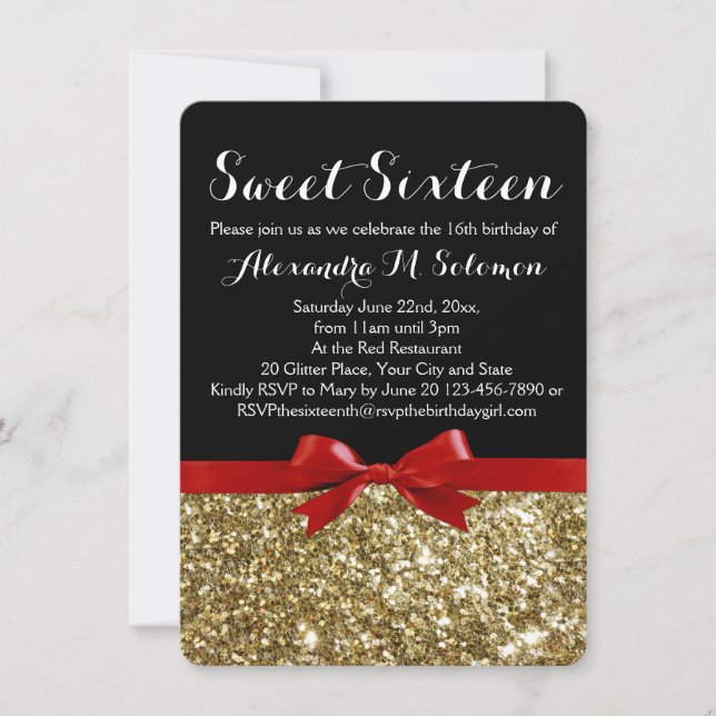 Invitación Fancy Red Purpurina Bow Sweet 16 Party Invitation (Anverso)