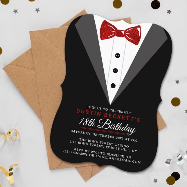 Invitación Fancy Red Purpurina Tuxedo 18º cumpleaños (Subido por el creador)