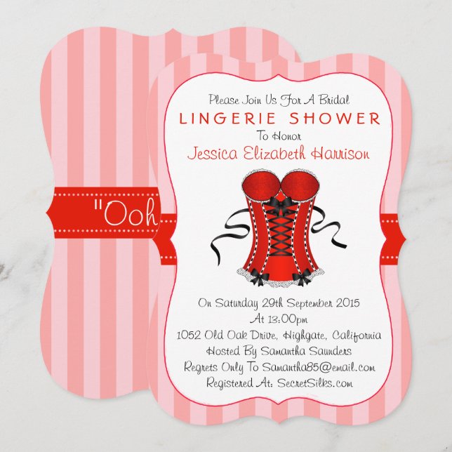Invitación Fancy Red & White Corset Lingerie Shower (Anverso / Reverso)