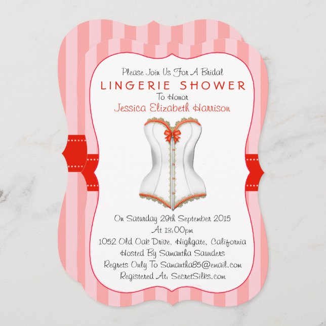 Invitación Fancy Red & White Corset Lingerie Shower (Anverso / Reverso)