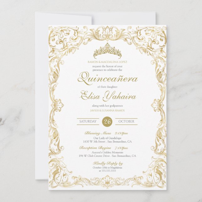 Invitación Fancy Regal White Gold Elegante Quinceanera (Anverso)