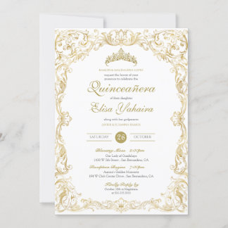 Invitación Fancy Regal White Gold Elegante Quinceanera