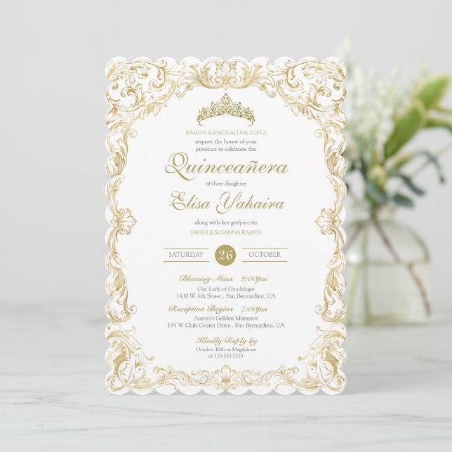 Invitación Fancy Regal White Gold Elegante Quinceanera (Anverso de pie)