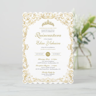 Invitación Fancy Regal White Gold Elegante Quinceanera