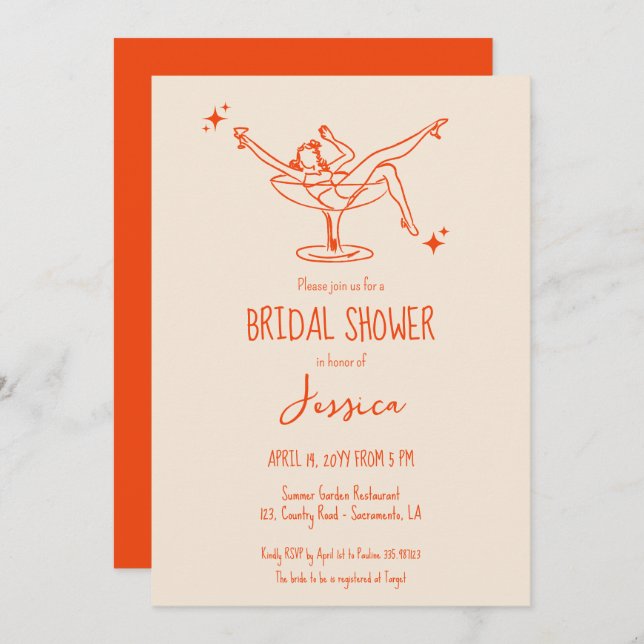 Invitación Fancy retro Bridal Shower coctel de mano (Anverso / Reverso)