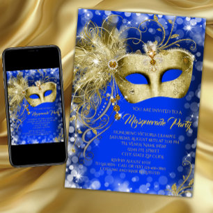 Invitación Fancy Royal Blue Gold Purpurina Fiesta de mascarad