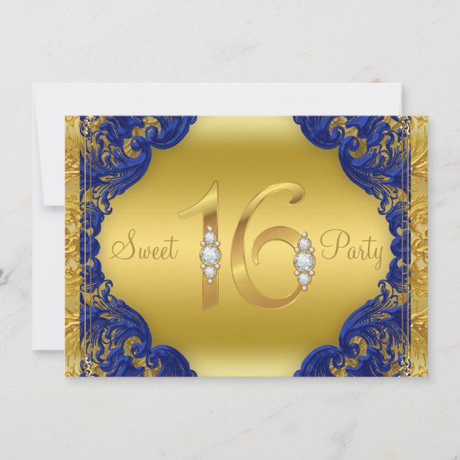 Invitación Fancy Royal Blue Gold Sweet 16 cumpleaños (Anverso)