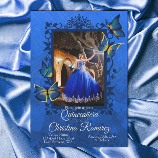 Invitación Fancy Royal Blue, la mariposa de oro Quinceanera (fancy blue and gold quinceanera invitation, royal blue dress photo mis quince, gold butterflies)